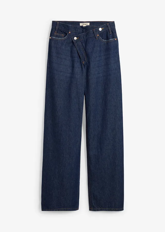 Wide leg jeans, mid waist, low stretch, Kleur: diepblauw denim ongewassen