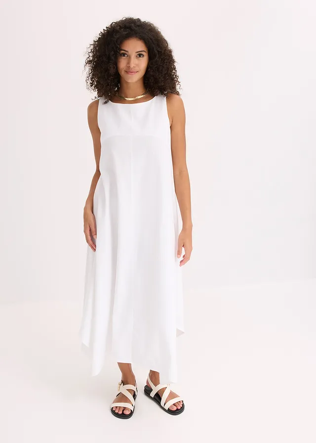 Jurk met bandjes van een fijne viscosemix, Kleur: wit