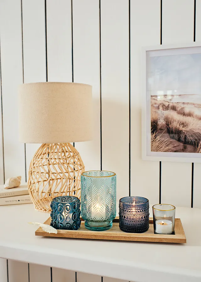 Plateau bougeoir avec 4 bougies chauffe-plat, Couleur: bleu/naturel