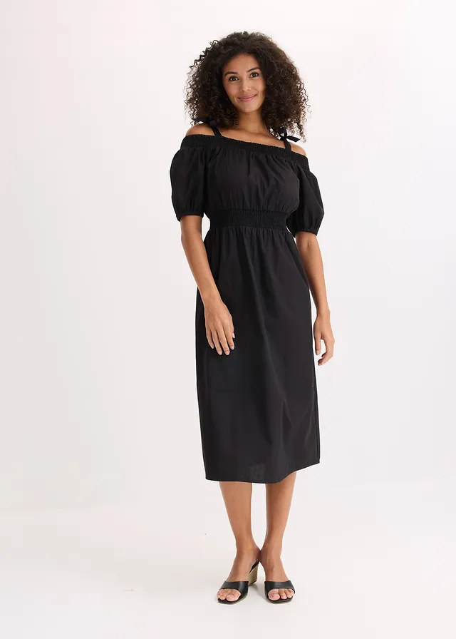 Robe col Bardot 100% coton, Couleur: noir