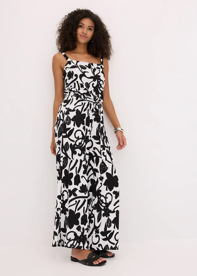Gedessineerde jumpsuit van gestructureerde jersey, Kleur: wolwit-zwart gebloemd