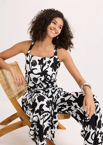 Gedessineerde jumpsuit van gestructureerde jersey • wolwit-zwart gebloemd • bonprix online shop