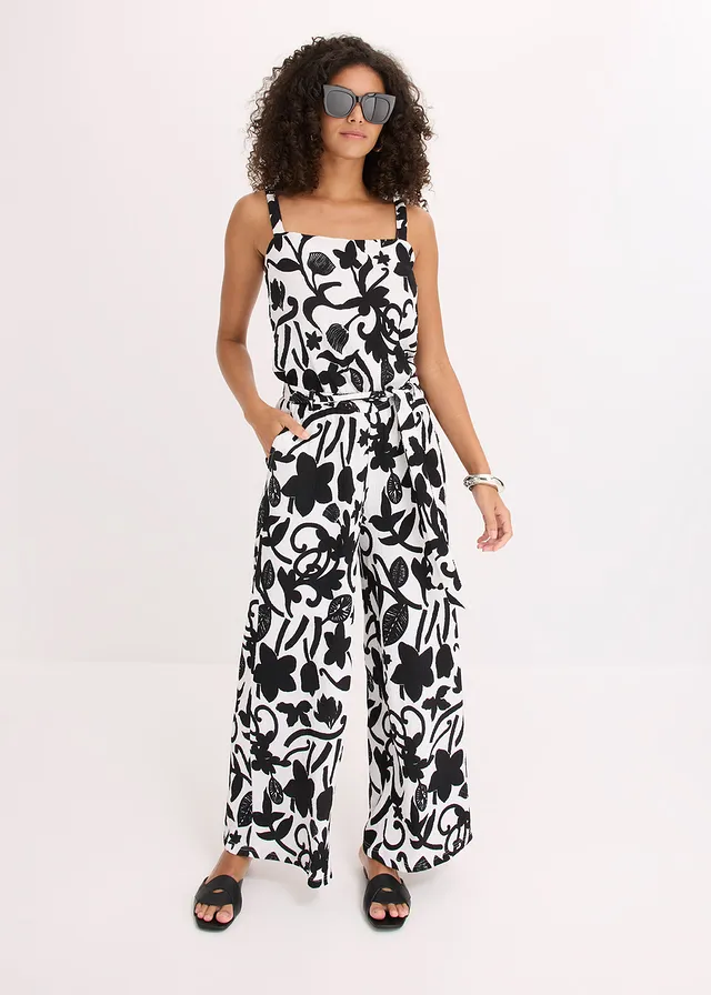 Gedessineerde jumpsuit van gestructureerde jersey, Kleur: wolwit-zwart gebloemd