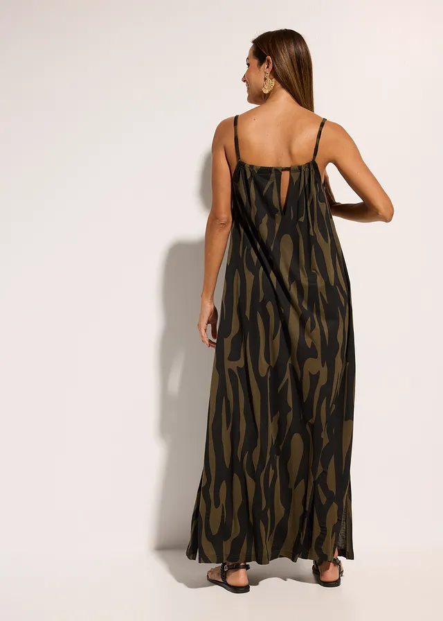 Strandjurk van viscose, Kleur: zwart-kaki