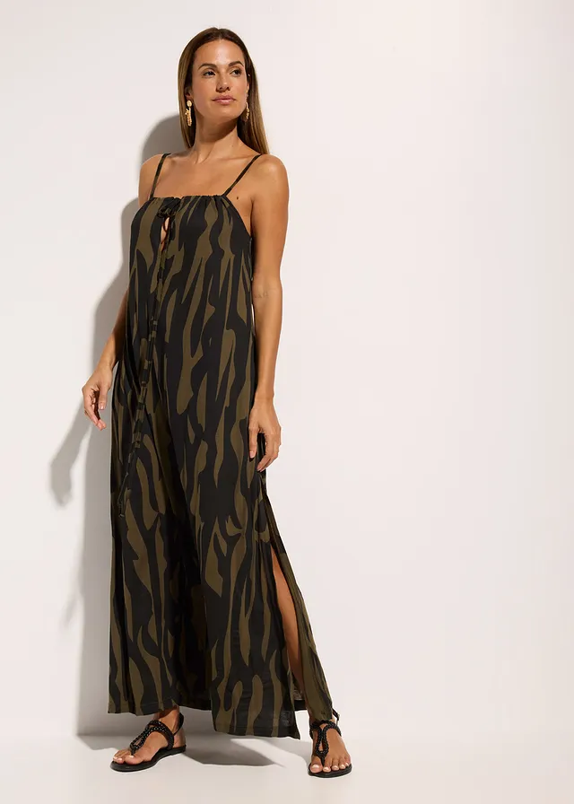 Strandjurk van viscose, Kleur: zwart-kaki
