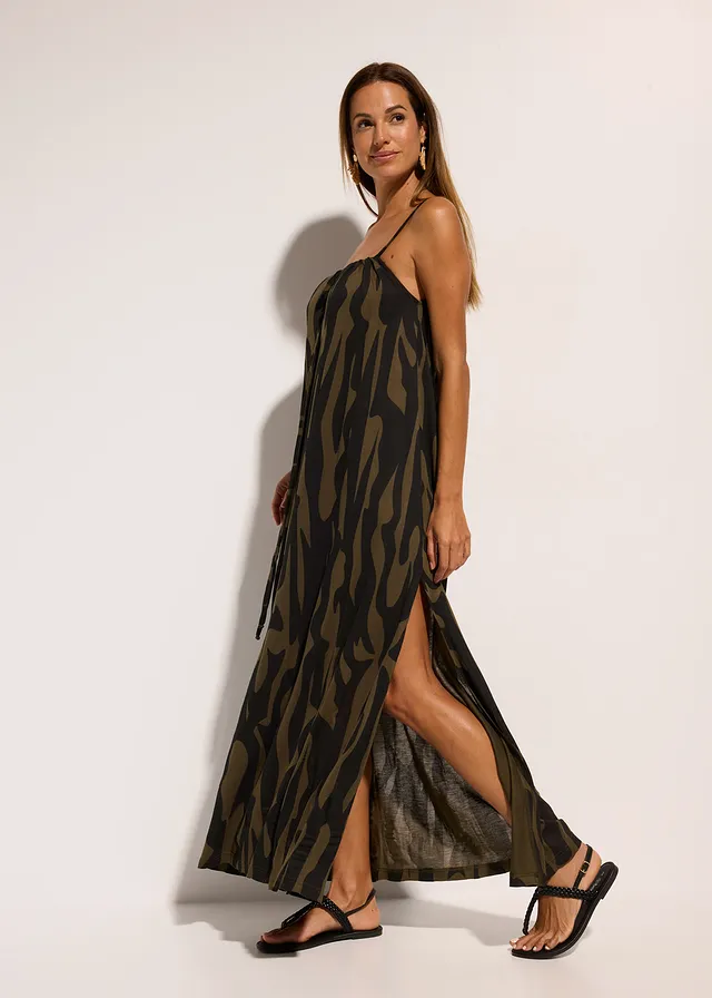 Strandjurk van viscose, Kleur: zwart-kaki
