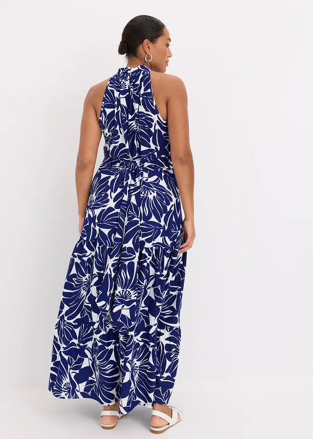 Robe longue imprimée, Couleur: crème/bleu floral