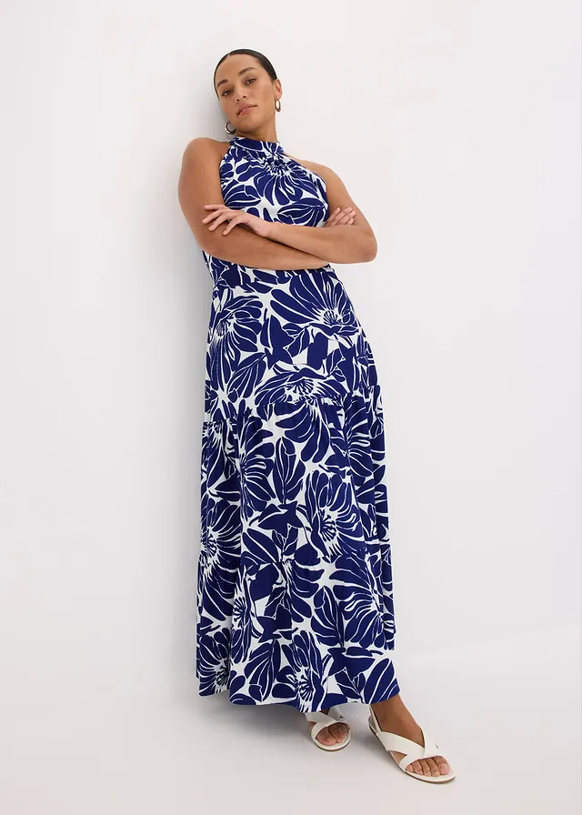 Robe longue imprimée, Couleur: crème/bleu floral