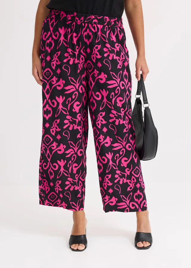 Gedessineerde Marlene Dietrich broek van soepele viscose, Kleur: zwart/pink