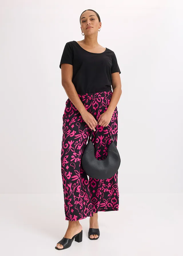 Gedessineerde Marlene Dietrich broek van soepele viscose, Kleur: zwart/pink