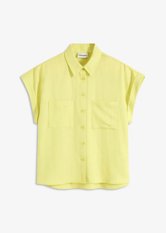 Chemisier manches courtes fluide en lyocell mélangé, Couleur: jaune citron
