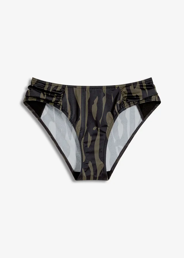 Bikinové kalhotky s normálně vykrojenými nohavičkami • černo-khaki s grafickým potiskem • bonprix obchod