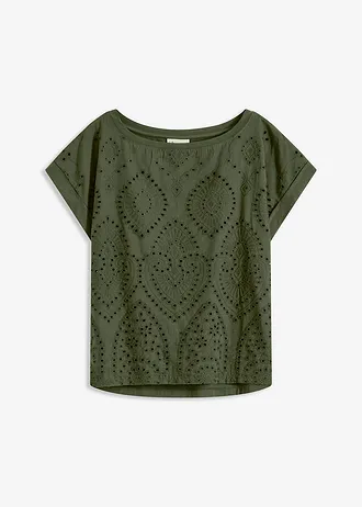 Tričko s dírkovanou krajkou • tmavě khaki • bonprix obchod