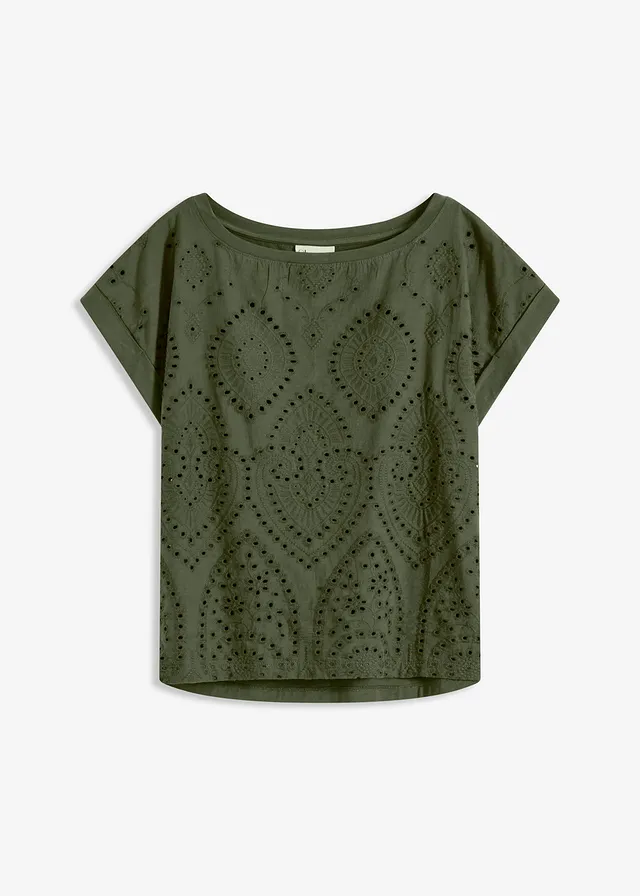 Bluză tricot cu broderie perforată • kaki închis • magazin bonprix