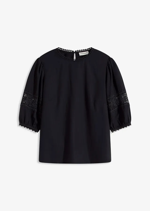 Halenka s krátkým rukávem a podílem lnu • černá • bonprix obchod