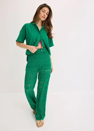 Slip-on broek met met gebreid ajour-patroon, Kleur: edelsteengroen