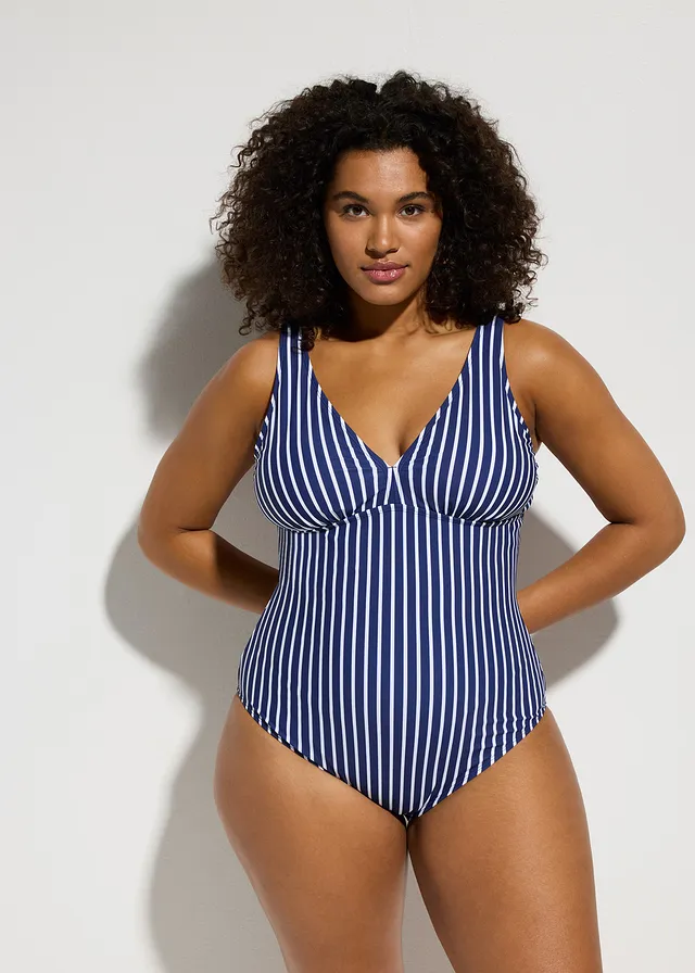 Maillot 1 pièce sculptant à décolleté plongeant, maintien modéré, Couleur: bleu nuit/blanc rayé