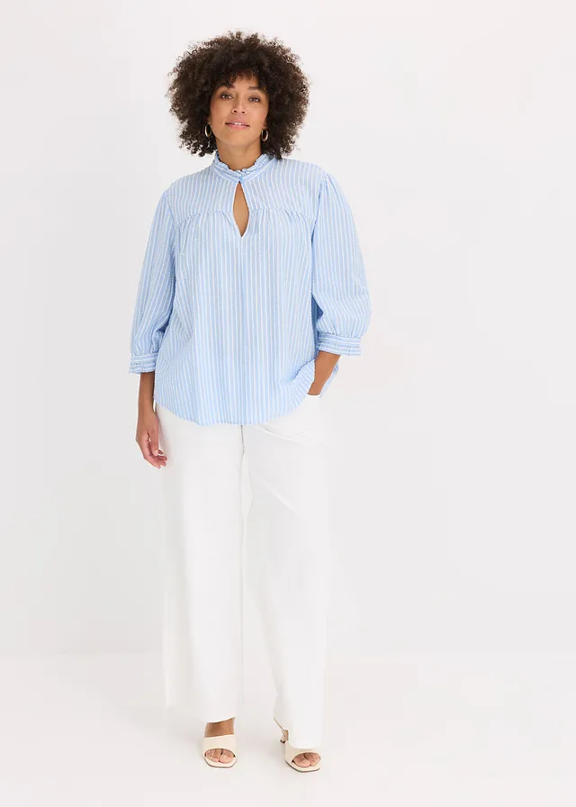 Blouse rayée, Couleur: bleu clair/blanc cassé rayé