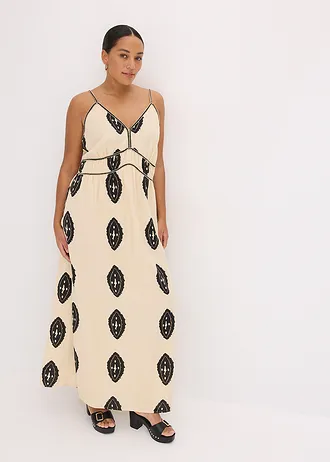 Gedessineerde maxi jurk in een luchtige linnenmix, Kleur: sand-zwart gedessineerd