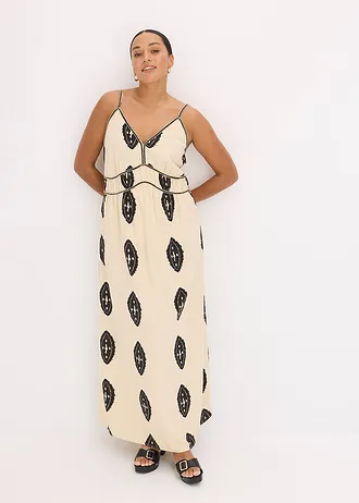 Dlouhé šaty ze vzdušné  lněné směsi, barva: písková/černá