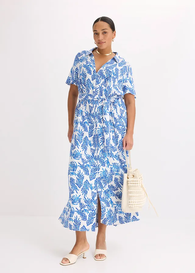 Robe longue et imprimée en viscose fluide, Couleur: blanc/bleu floral