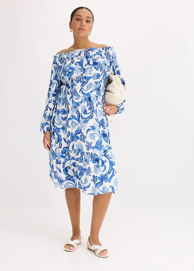 Robe à col Bardot en viscose texturée, Couleur: blanc/bleu glacier floral