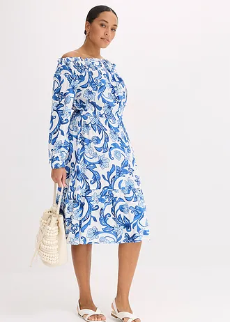 Carmen jurk van gestructureerde viscose, Kleur: wit-gletsjerblauw gedessineerd