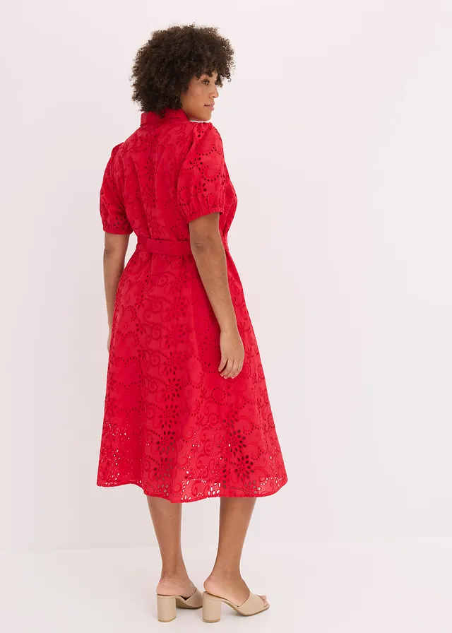 Robe chemise en broderie anglaise, 100% coton, Couleur: rouge profond