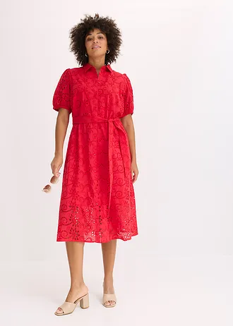Halenkové šaty s dírkovanou výšivkou, z čisté bavlny, barva: sytě červená
