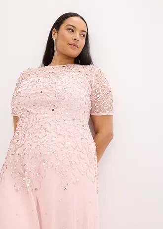 Maxi jurk van sierlijke tule met lovertjesborduursel • parelroze plus size • bonprix online shop