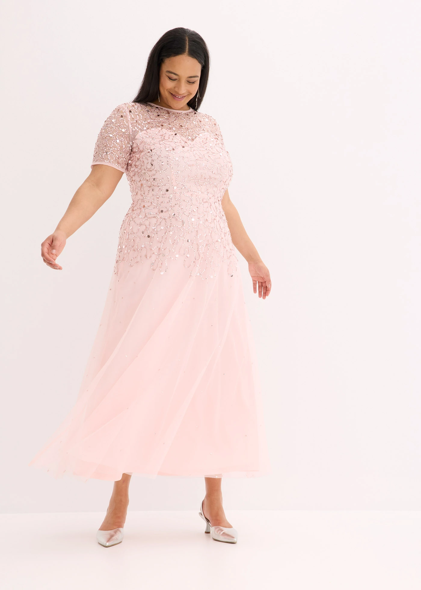 Maxi šaty z něžného tylu, s výšivkou s flitry • perlově růžová plus size • bonprix obchod