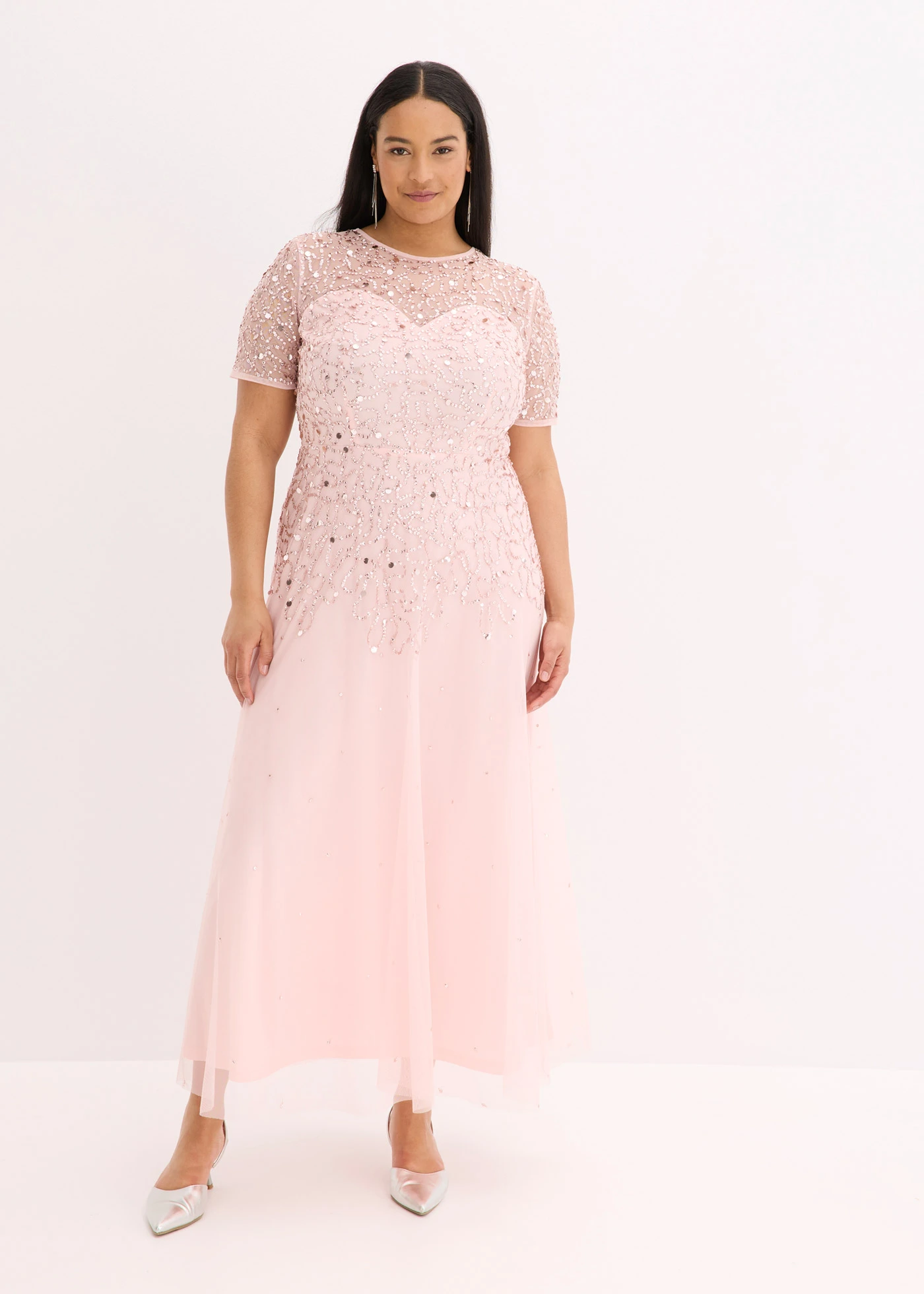 Maxi jurk van sierlijke tule met lovertjesborduursel • parelroze plus size • bonprix online shop