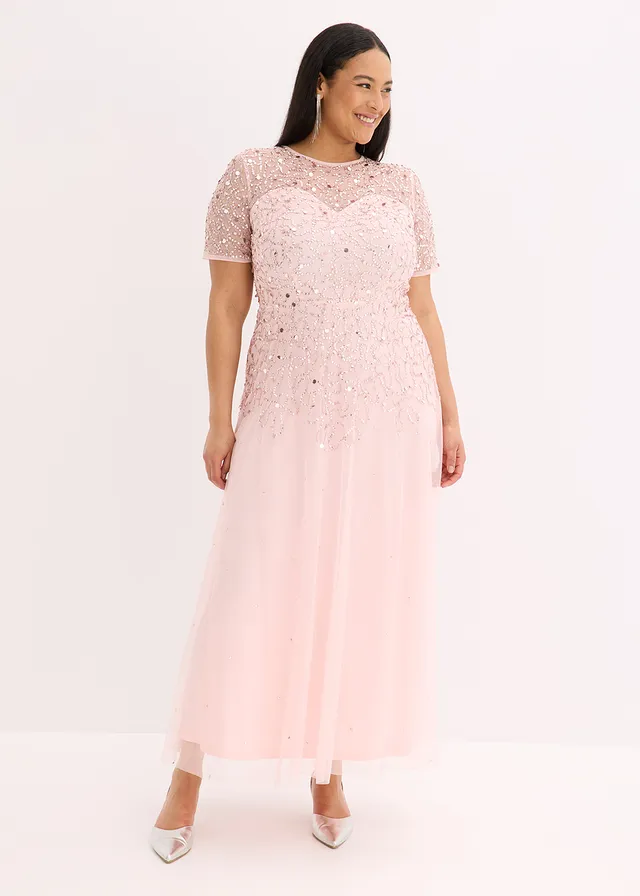 Robe longue en tulle avec sequins brodés, Couleur: rose nacré
