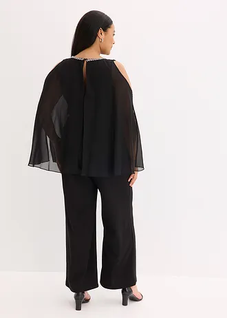 Jumpsuit met overlay en strasversiering, Kleur: zwart