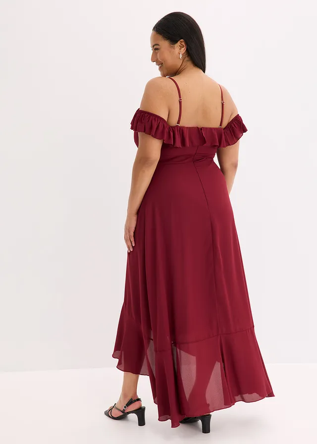 Robe encolure Bardot à volants, Couleur: rouge rubis