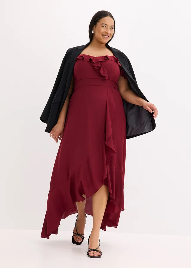 Robe encolure Bardot à volants, Couleur: rouge rubis