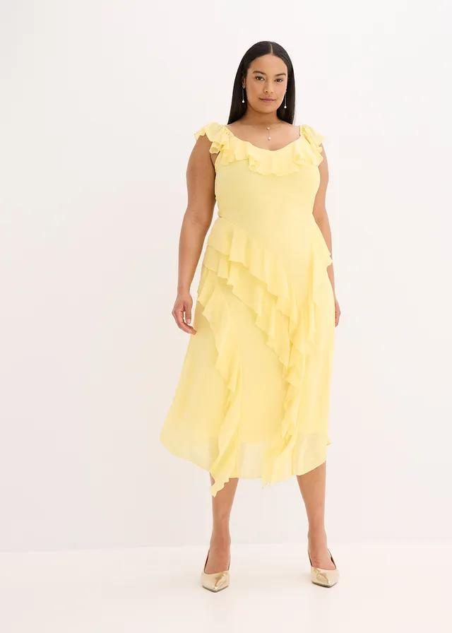 Robe en mousseline avec bretelles et volants, Couleur: jaune clair