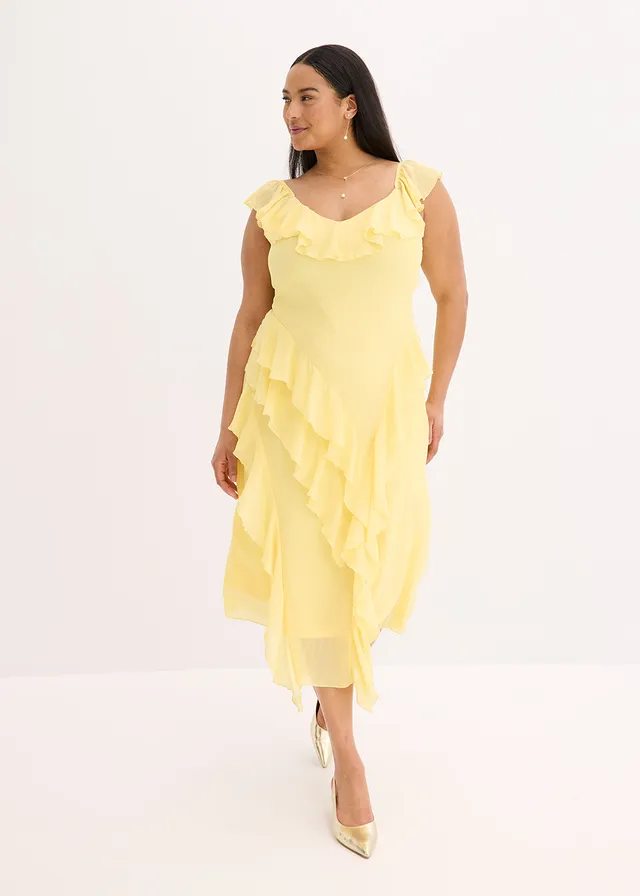 Robe en mousseline avec bretelles et volants, Couleur: jaune clair