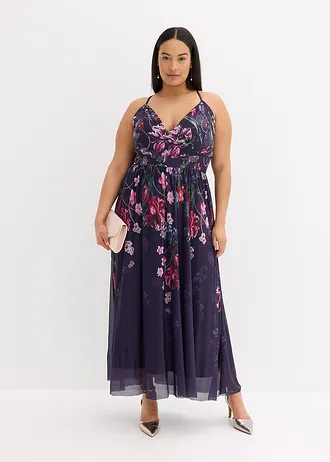 Rochie maxi din tul delicat, cu bretele, culoare: bleumarin, cu flori