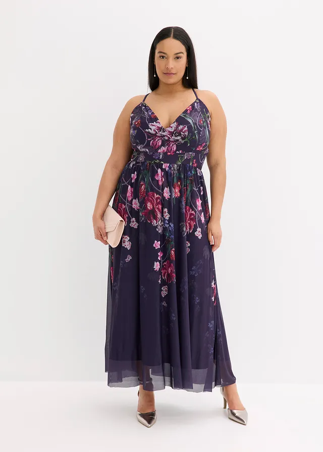 Robe longue en tulle délicat avec bretelles, Couleur: bleu foncé floral