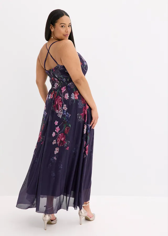 Robe longue en tulle délicat avec bretelles, Couleur: bleu foncé floral