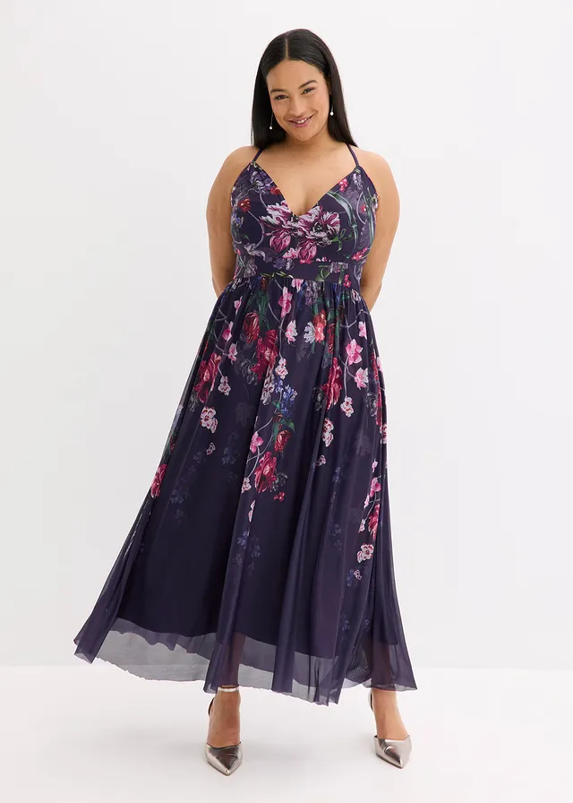 Robe longue en tulle délicat avec bretelles, Couleur: bleu foncé floral