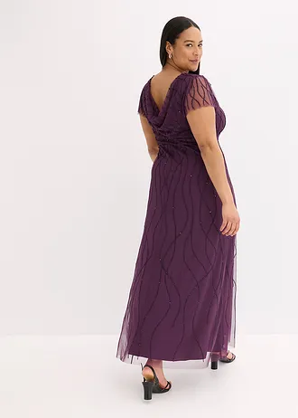 Robe longue en tulle délicat avec perles brodées, Couleur: violet foncé