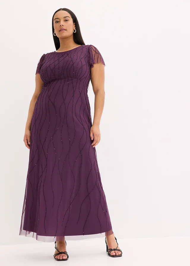 Robe longue en tulle délicat avec perles brodées, Couleur: violet foncé