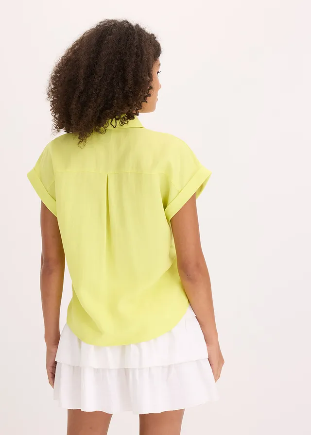 Chemisier manches courtes fluide en lyocell mélangé, Couleur: jaune citron