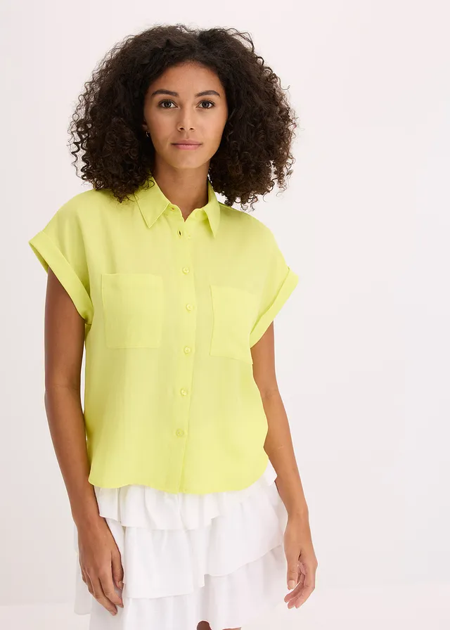 Chemisier manches courtes fluide en lyocell mélangé, Couleur: jaune citron