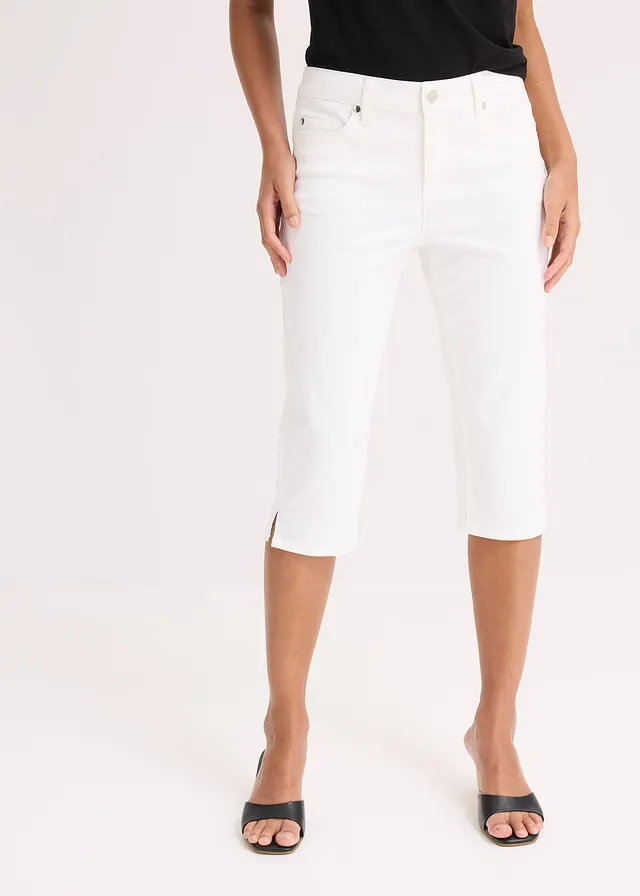 Capri broek met een comfortabele band, Kleur: wit