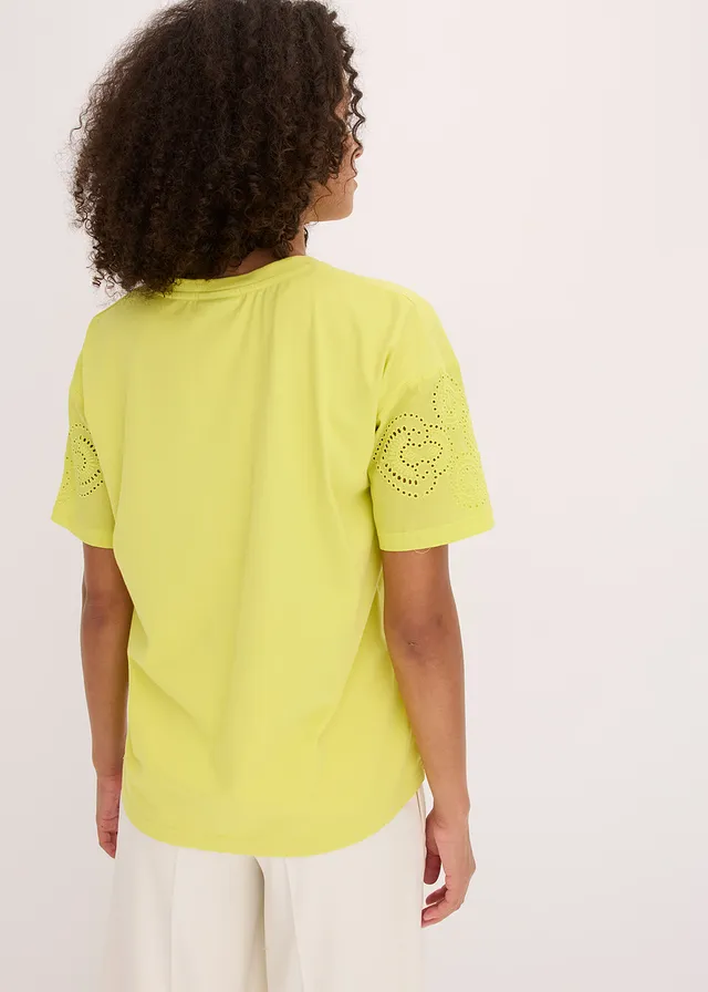 Tricou cu broderie perforată, culoare: galben citric