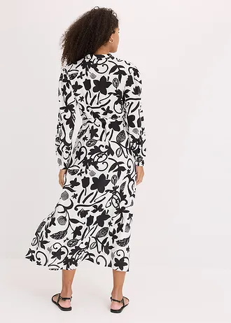 Kaftanové šaty ze splývavé viskózy, barva: černo-krémově bílá s potiskem