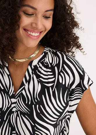 Bluză tricot Henley din amestec moale cu viscoză • negru-ecru cu imprimeu • magazin bonprix